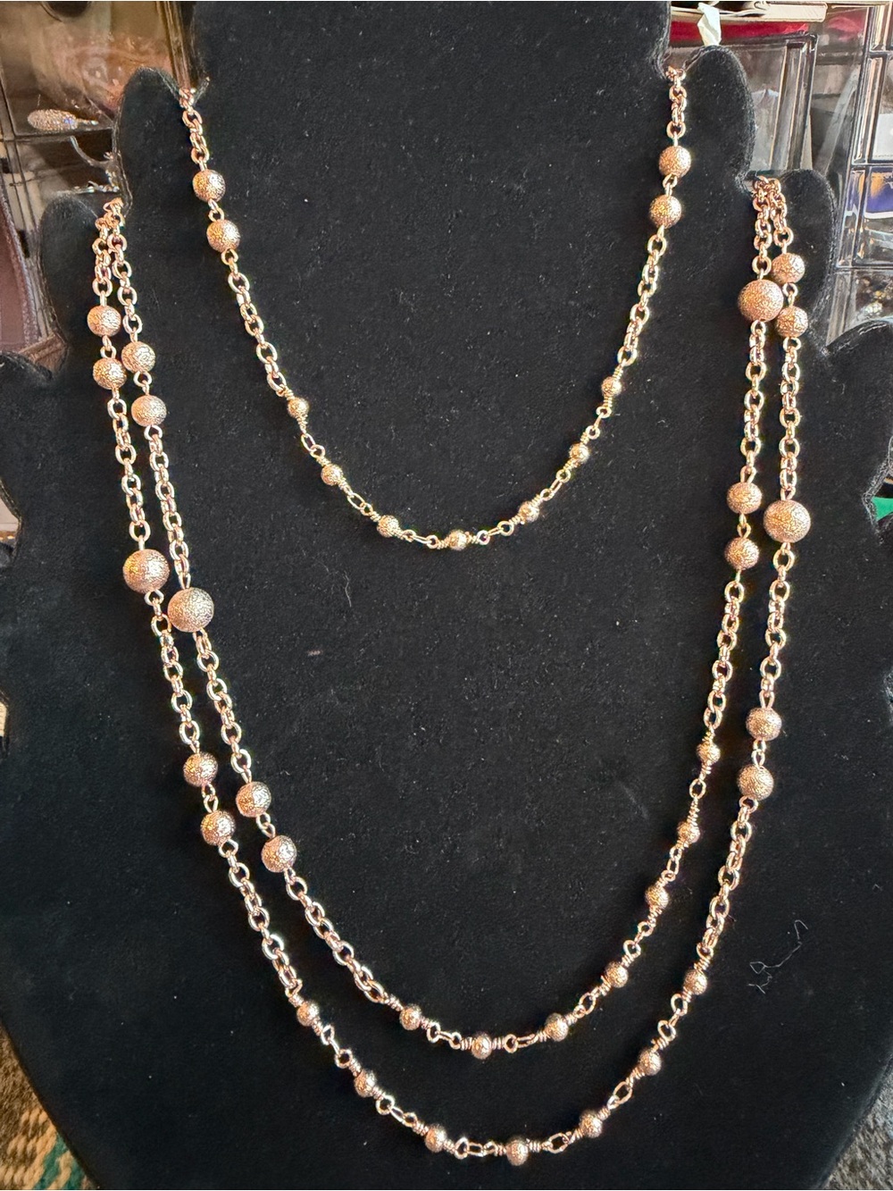 Rose Gold Tone Multi-Strand Beaded Long Statement Necklace  33” Drop